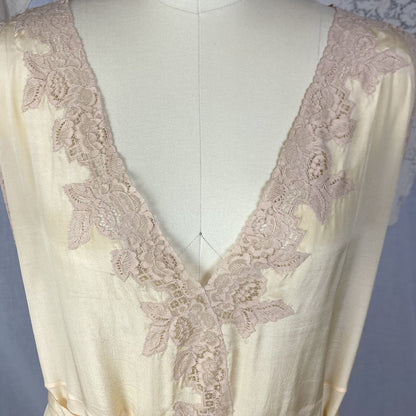 Antique 1920's Nightgown | Champagne Silk with Mocha Floral Lace & Waist Sash Tie | Size S, M, LG, XL | New Old Stock - Daggers & Dames