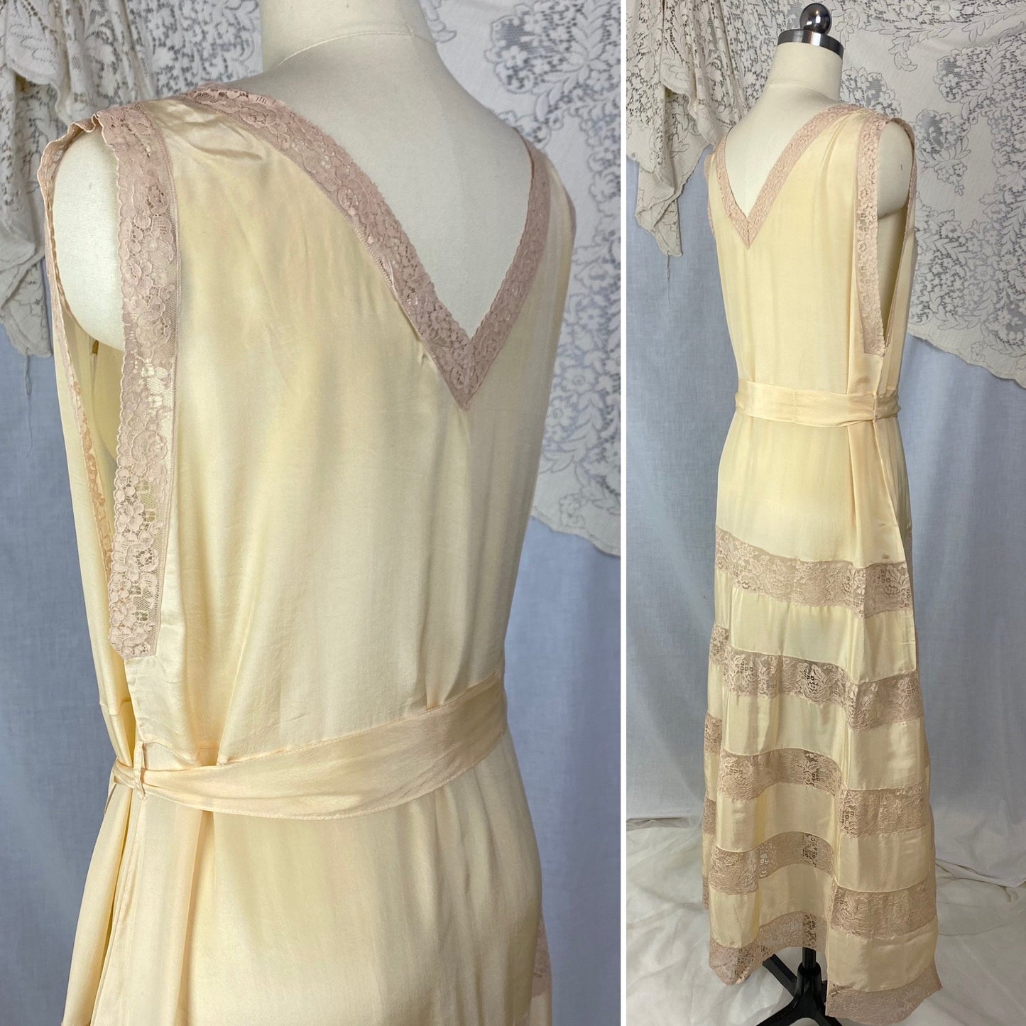 Antique 1920's Nightgown | Champagne Silk with Mocha Floral Lace & Waist Sash Tie | Size S, M, LG, XL | New Old Stock - Daggers & Dames