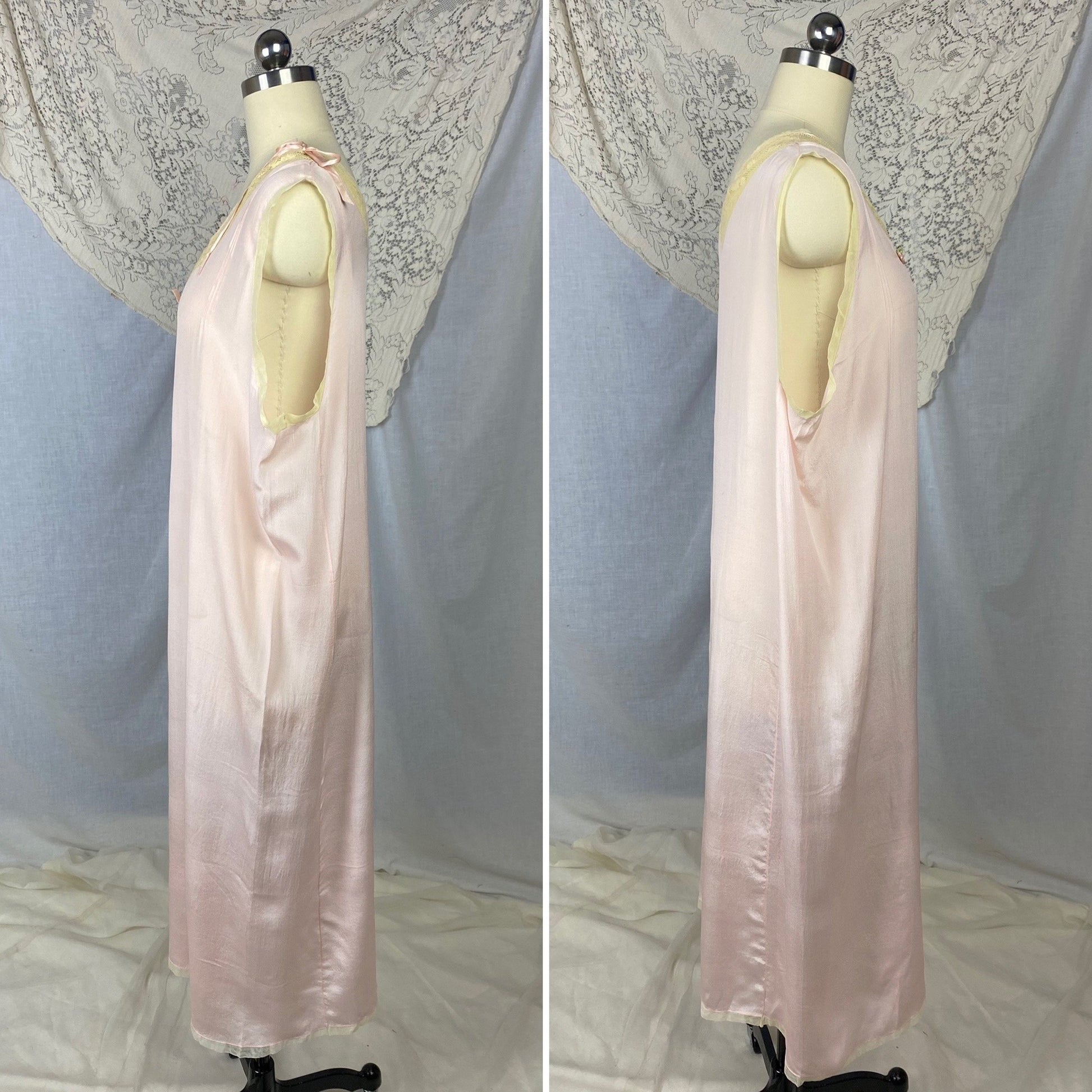Antique 1920's Nightgown | Sheer Ballet Pink Silk with Ivory Tambour Lace | Size Free, XL | Never Worn - Daggers & Dames