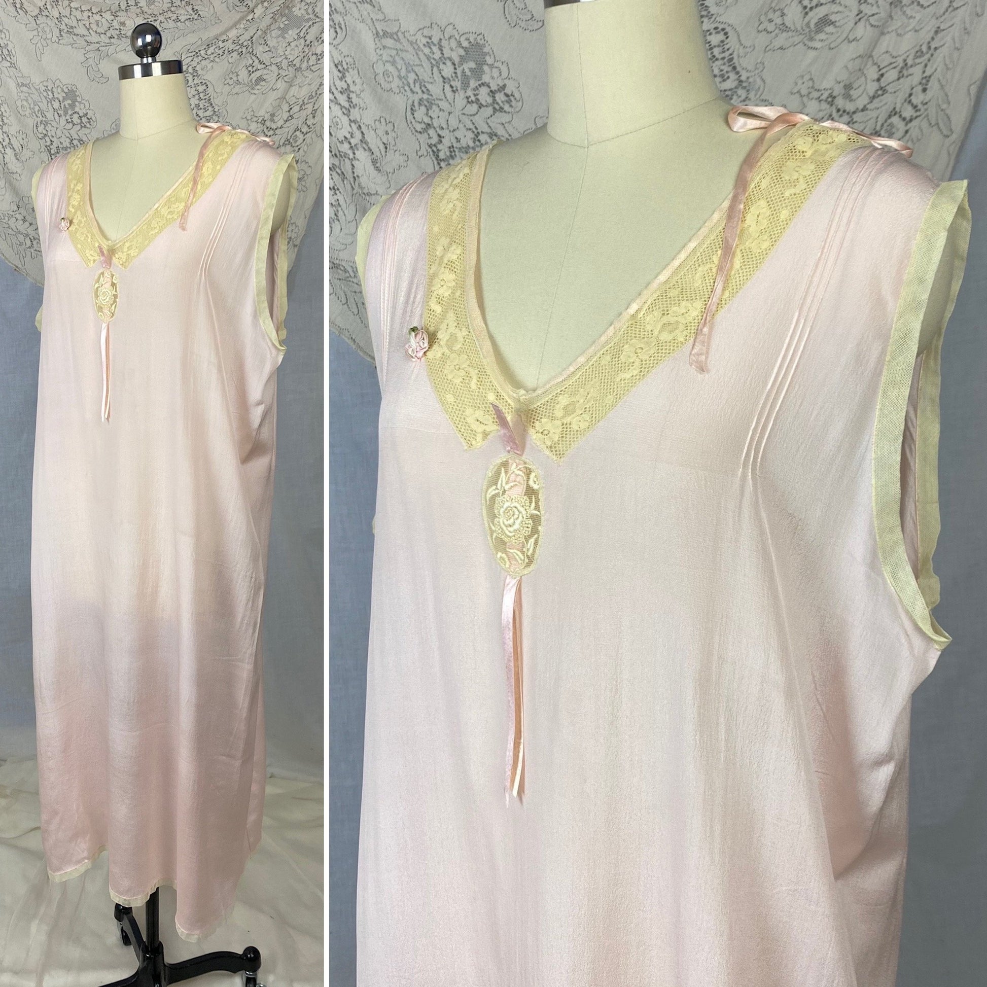 Antique 1920's Nightgown | Sheer Ballet Pink Silk with Ivory Tambour Lace | Size Free, XL | Never Worn - Daggers & Dames