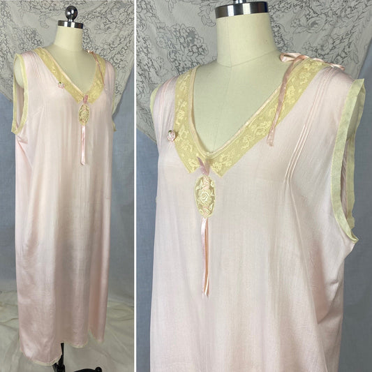 Antique 1920's Nightgown | Sheer Ballet Pink Silk with Ivory Tambour Lace | Size Free, XL | Never Worn - Daggers & Dames