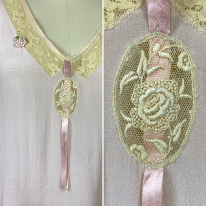 Antique 1920's Nightgown | Sheer Ballet Pink Silk with Ivory Tambour Lace | Size Free, XL | Never Worn - Daggers & Dames
