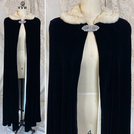 Antique 1920's Opera Cape | Black Silk Velvet with Mink Collar & Rhinestone Clasp | Size XS, S, M - Daggers & Dames