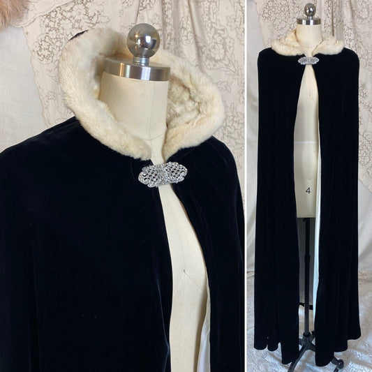 Antique 1920's Opera Cape | Black Silk Velvet with Mink Collar & Rhinestone Clasp | Size XS, S, M - Daggers & Dames