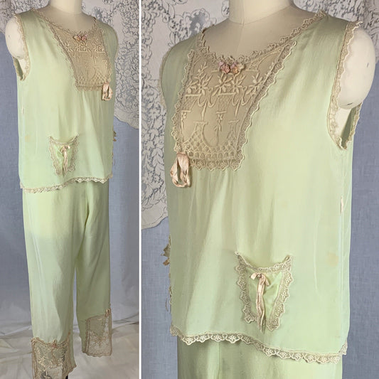 Antique 1920's Pajama Set | Pistachio Green Silk with Ivory Tambour Lace Embroidery & Silk Rosettes | Size XS, S - Daggers & Dames