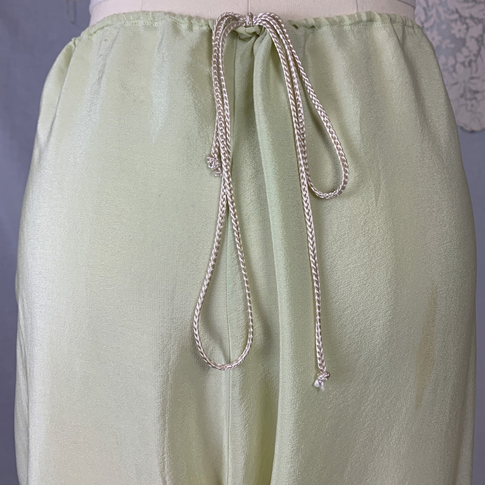 Antique 1920's Pajama Set | Pistachio Green Silk with Ivory Tambour Lace Embroidery & Silk Rosettes | Size XS, S - Daggers & Dames