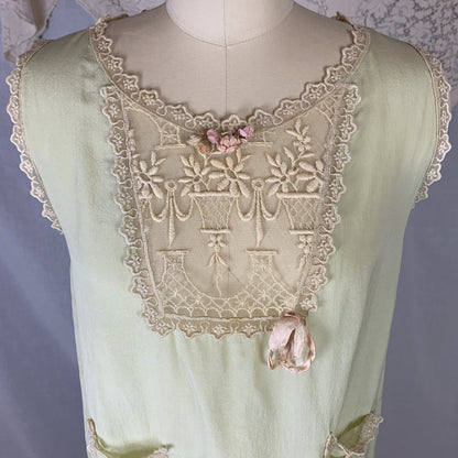Antique 1920's Pajama Set | Pistachio Green Silk with Ivory Tambour Lace Embroidery & Silk Rosettes | Size XS, S - Daggers & Dames