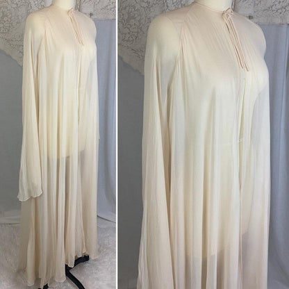 Antique 1920's Peignoir Robe | Size XS, SM | Sheer Ivory Silk Georgette with Angel Sleeves & Long Train Hem - Daggers & Dames