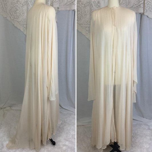 Antique 1920's Peignoir Robe | Size XS, SM | Sheer Ivory Silk Georgette with Angel Sleeves & Long Train Hem - Daggers & Dames