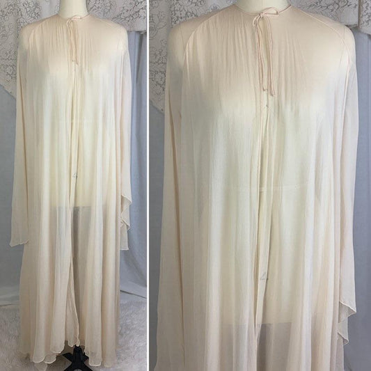 Antique 1920's Peignoir Robe | Size XS, SM | Sheer Ivory Silk Georgette with Angel Sleeves & Long Train Hem - Daggers & Dames