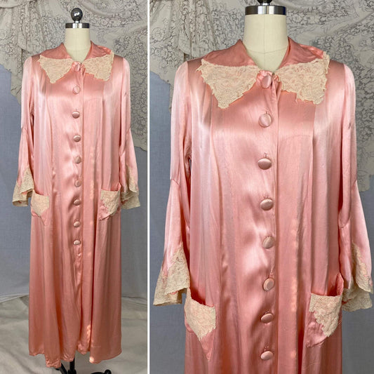 Antique 1920's Robe | Bold Rose Pink Rayon Charmeuse with Ivory Lace & Bell Sleeves | Size S, M, LG - Daggers & Dames