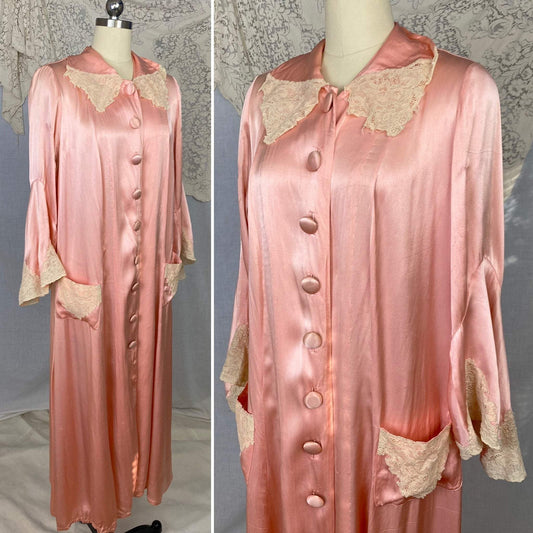 Antique 1920's Robe | Bold Rose Pink Rayon Charmeuse with Ivory Lace & Bell Sleeves | Size S, M, LG - Daggers & Dames