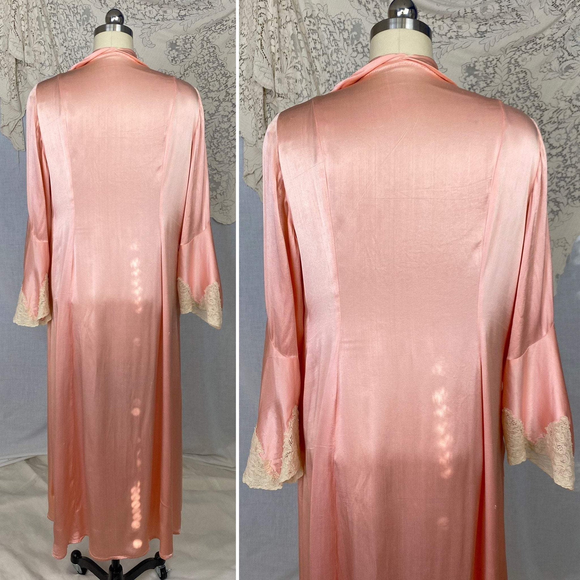Antique 1920's Robe | Bold Rose Pink Rayon Charmeuse with Ivory Lace & Bell Sleeves | Size S, M, LG - Daggers & Dames