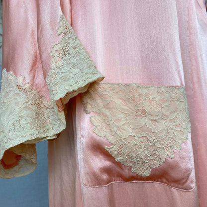 Antique 1920's Robe | Bold Rose Pink Rayon Charmeuse with Ivory Lace & Bell Sleeves | Size S, M, LG - Daggers & Dames
