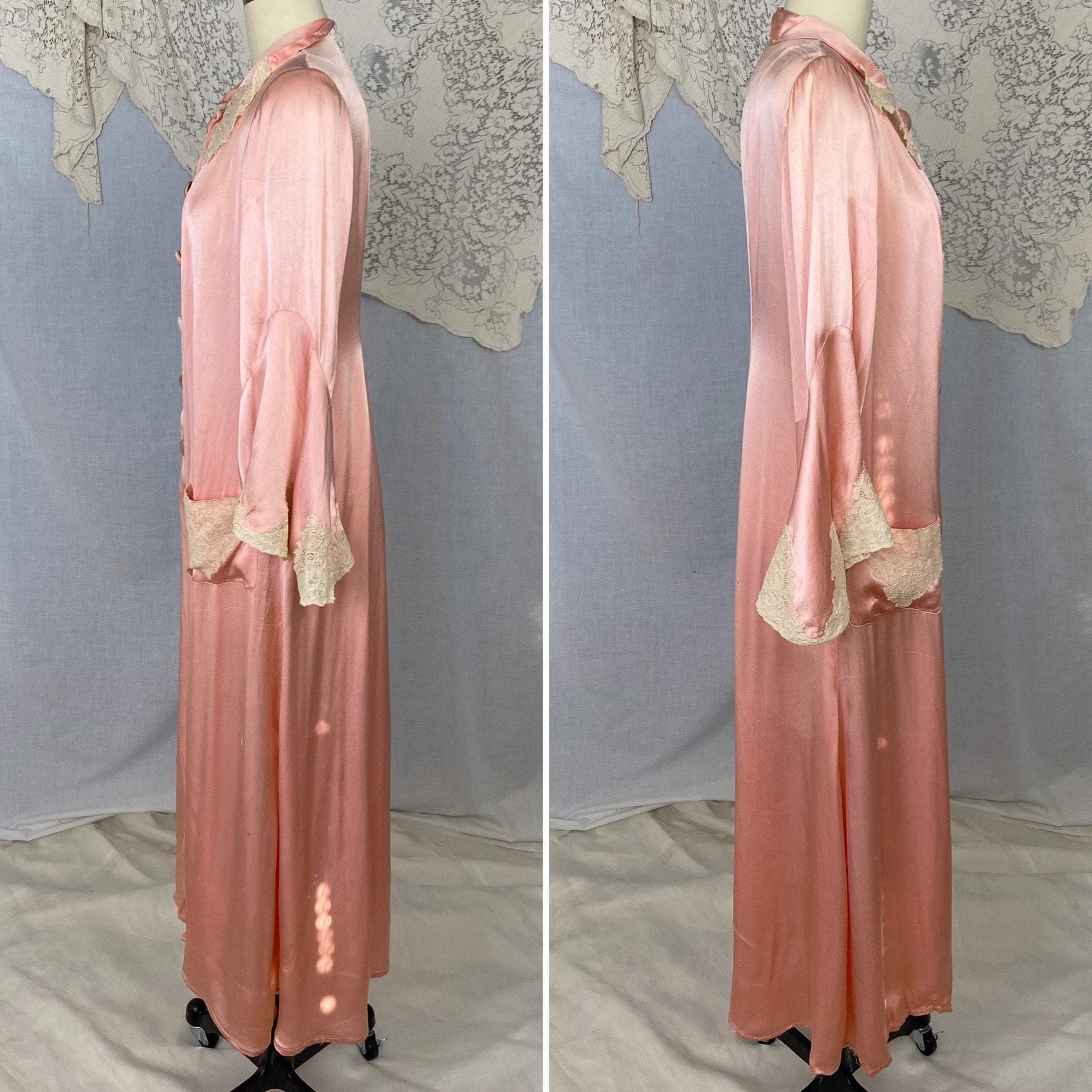 Antique 1920's Robe | Bold Rose Pink Rayon Charmeuse with Ivory Lace & Bell Sleeves | Size S, M, LG - Daggers & Dames