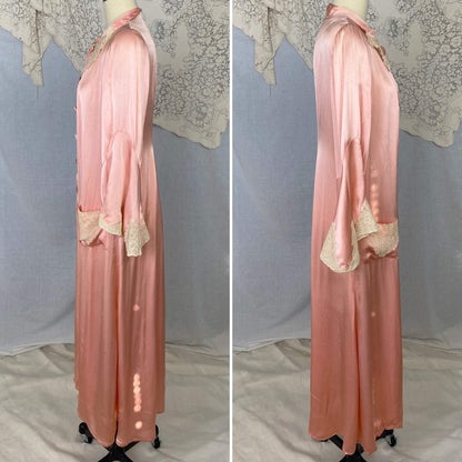 Antique 1920's Robe | Bold Rose Pink Rayon Charmeuse with Ivory Lace & Bell Sleeves | Size S, M, LG - Daggers & Dames