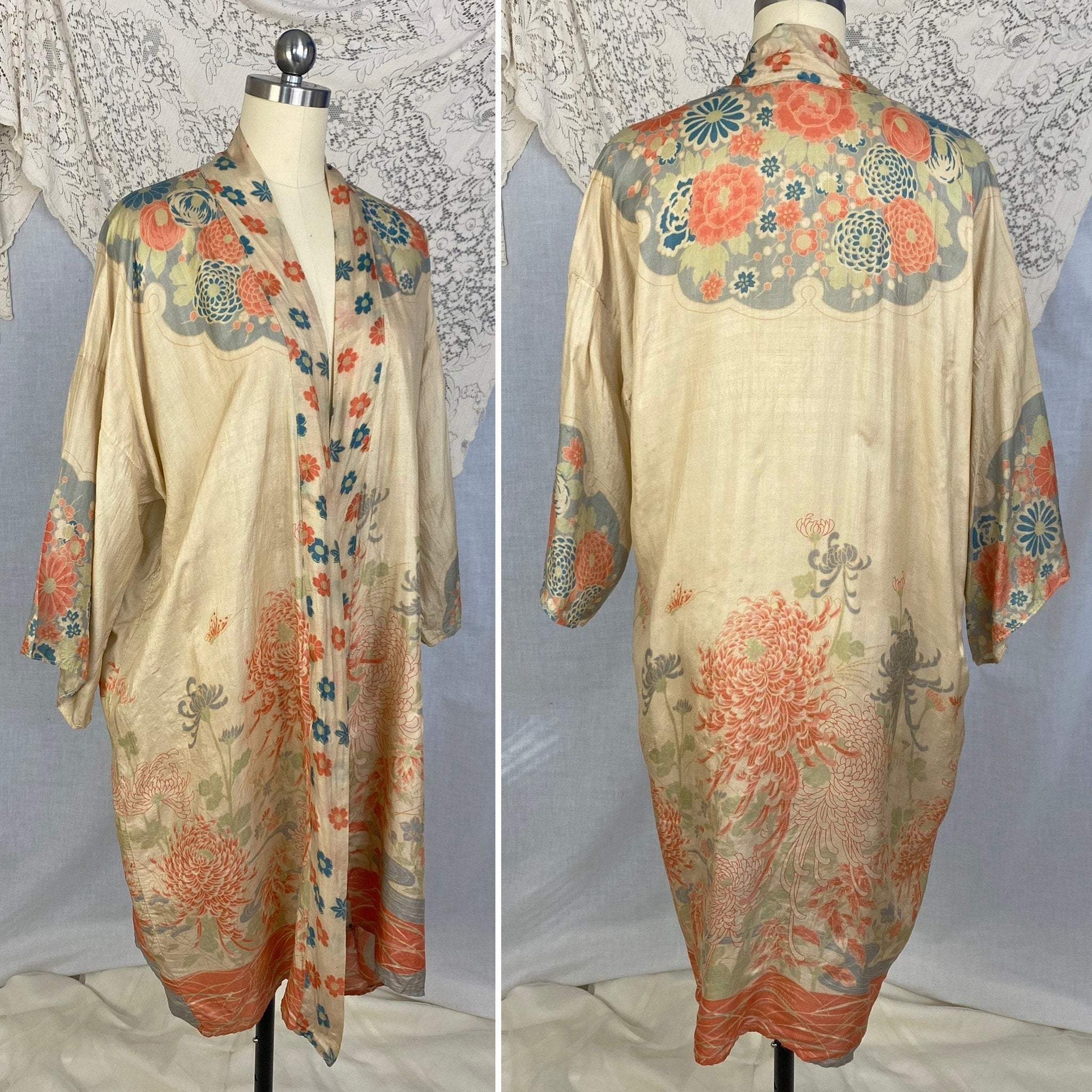 Antique 1920's Robe | Floral Print Raw Pongee Silk | Size Free - Daggers & Dames