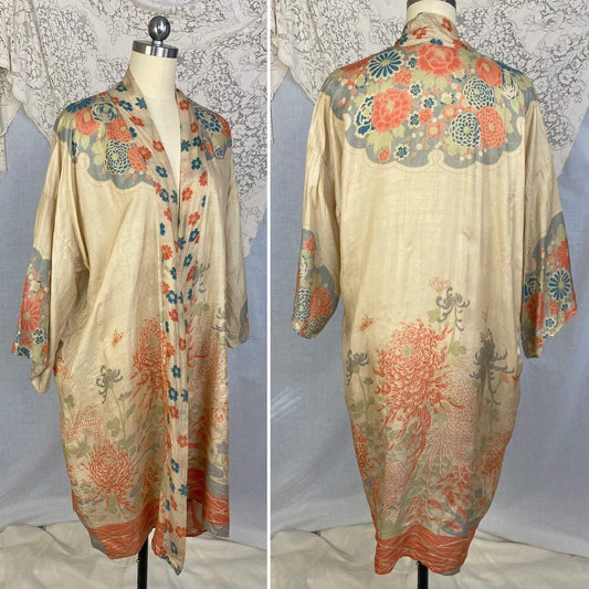Antique 1920's Robe | Floral Print Raw Pongee Silk | Size Free - Daggers & Dames