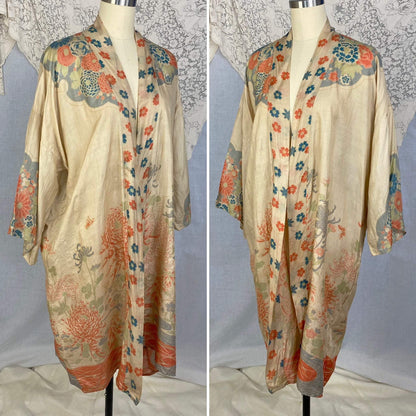 Antique 1920's Robe | Floral Print Raw Pongee Silk | Size Free - Daggers & Dames