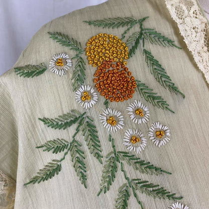 Antique 1920's Robe | Light Sage Green Cotton with Ivory Lace & Floral Embroidery | Size S, M, L - Daggers & Dames