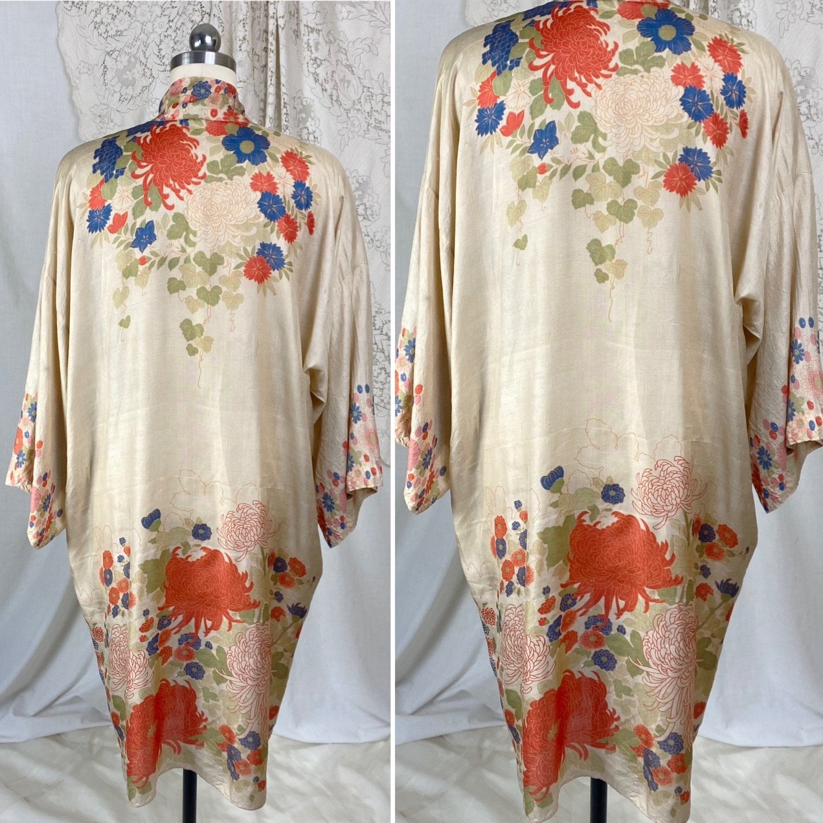 Antique 1920's Robe | Raw Pongee Silk with Bold Floral Print | Made in Japan | Size Free - Daggers & Dames