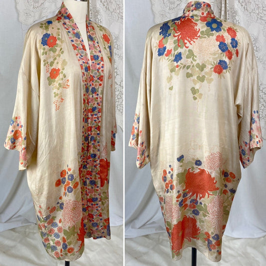 Antique 1920's Robe | Raw Pongee Silk with Bold Floral Print | Made in Japan | Size Free - Daggers & Dames