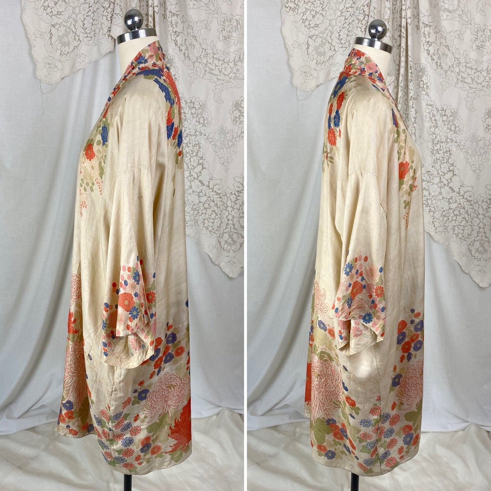 Antique 1920's Robe | Raw Pongee Silk with Bold Floral Print | Made in Japan | Size Free - Daggers & Dames