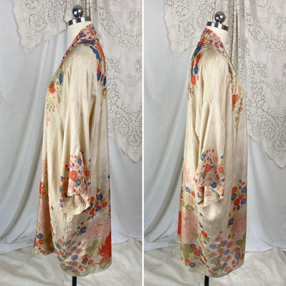 Antique 1920's Robe | Raw Pongee Silk with Bold Floral Print | Made in Japan | Size Free - Daggers & Dames