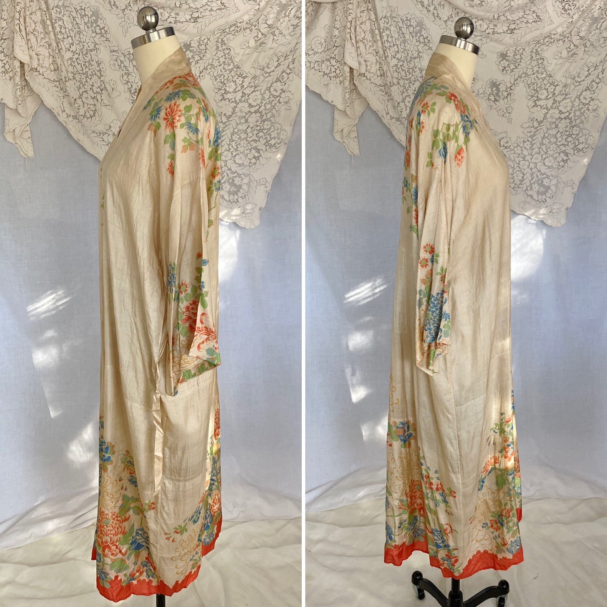 Antique 1920's Robe | Raw Pongee Silk with Bright Floral Print | Size Free | Made in Japan - Daggers & Dames