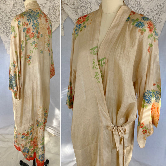 Antique 1920's Robe | Raw Pongee Silk with Bright Floral Print | Size Free | Made in Japan - Daggers & Dames