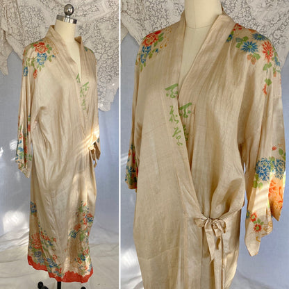 Antique 1920's Robe | Raw Pongee Silk with Bright Floral Print | Size Free | Made in Japan - Daggers & Dames