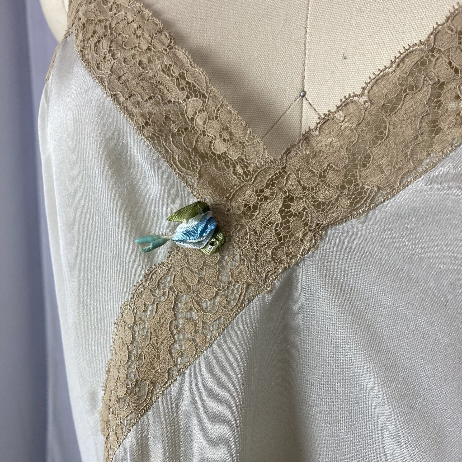 Antique 1920's Step-in Chemise | Aqua Blue Silk Crepe with Mocha Floral Lace | Size M, LG | New Old Stock - Daggers & Dames