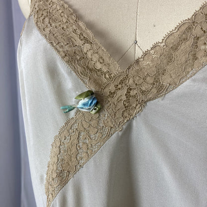 Antique 1920's Step-in Chemise | Aqua Blue Silk Crepe with Mocha Floral Lace | Size M, LG | New Old Stock - Daggers & Dames
