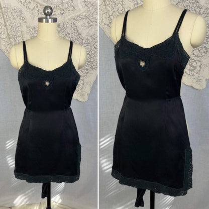 Antique 1920's Step-in Chemise | Black Silk Charmeuse with Lace Trim | Size 30 Bust, XXS - Daggers & Dames