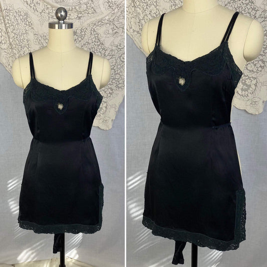Antique 1920's Step-in Chemise | Black Silk Charmeuse with Lace Trim | Size 30 Bust, XXS - Daggers & Dames