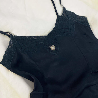Antique 1920's Step-in Chemise | Black Silk Charmeuse with Lace Trim | Size 30 Bust, XXS - Daggers & Dames