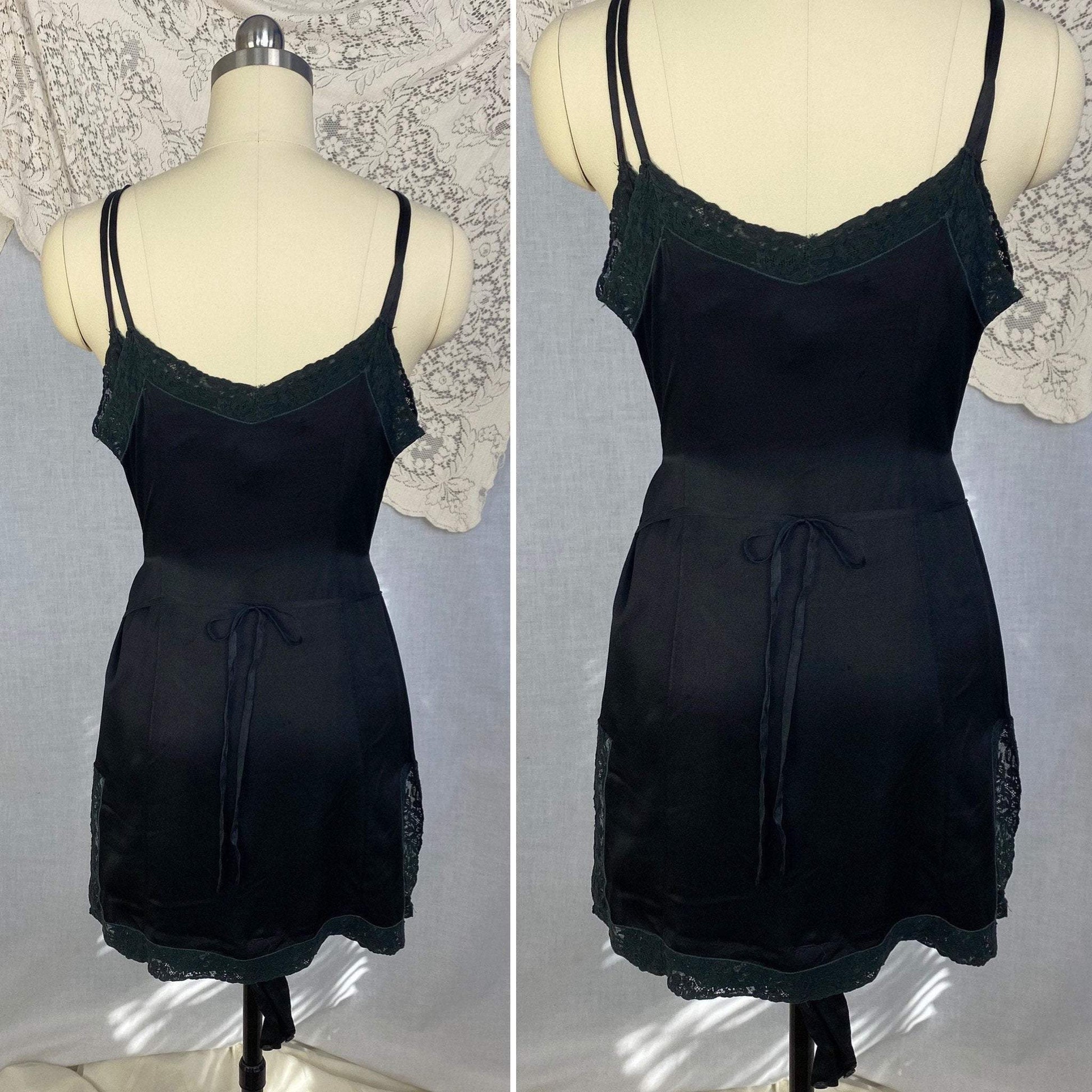 Antique 1920's Step-in Chemise | Black Silk Charmeuse with Lace Trim | Size 30 Bust, XXS - Daggers & Dames