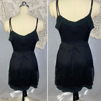 Antique 1920's Step-in Chemise | Black Silk Charmeuse with Lace Trim | Size 30 Bust, XXS - Daggers & Dames