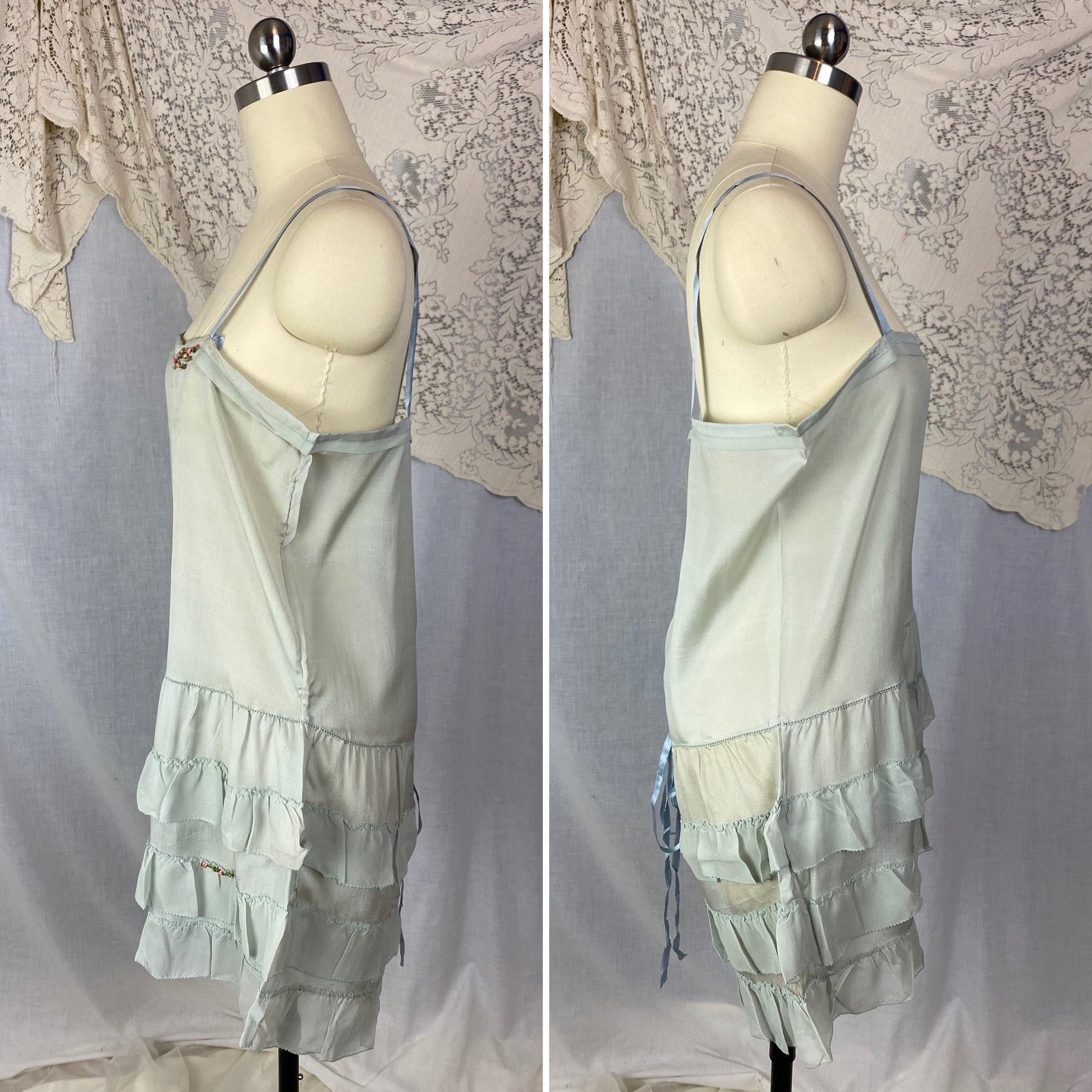 Antique 1920's Step In Chemise | Pale Dusty Blue Silk with Floral Embroidery & Ruffles | Size XS, S | New Old Stock - Daggers & Dames