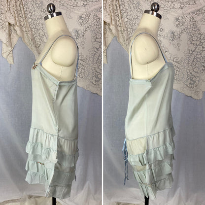 Antique 1920's Step In Chemise | Pale Dusty Blue Silk with Floral Embroidery & Ruffles | Size XS, S | New Old Stock - Daggers & Dames