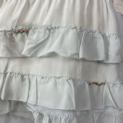 Antique 1920's Step In Chemise | Pale Dusty Blue Silk with Floral Embroidery & Ruffles | Size XS, S | New Old Stock - Daggers & Dames