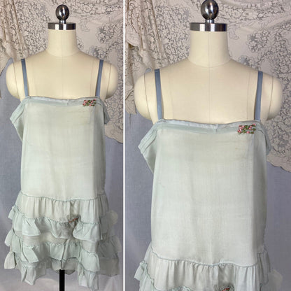 Antique 1920's Step In Chemise | Pale Dusty Blue Silk with Floral Embroidery & Ruffles | Size XS, S | New Old Stock - Daggers & Dames