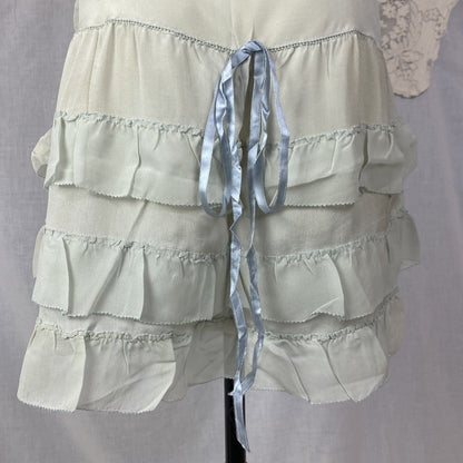 Antique 1920's Step In Chemise | Pale Dusty Blue Silk with Floral Embroidery & Ruffles | Size XS, S | New Old Stock - Daggers & Dames