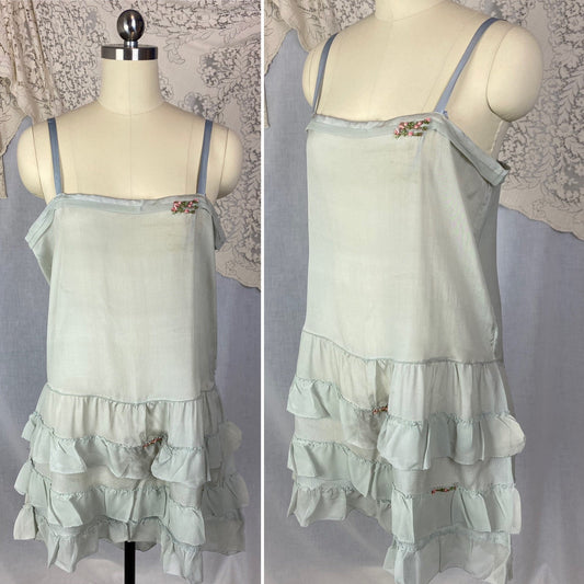 Antique 1920's Step In Chemise | Pale Dusty Blue Silk with Floral Embroidery & Ruffles | Size XS, S | New Old Stock - Daggers & Dames