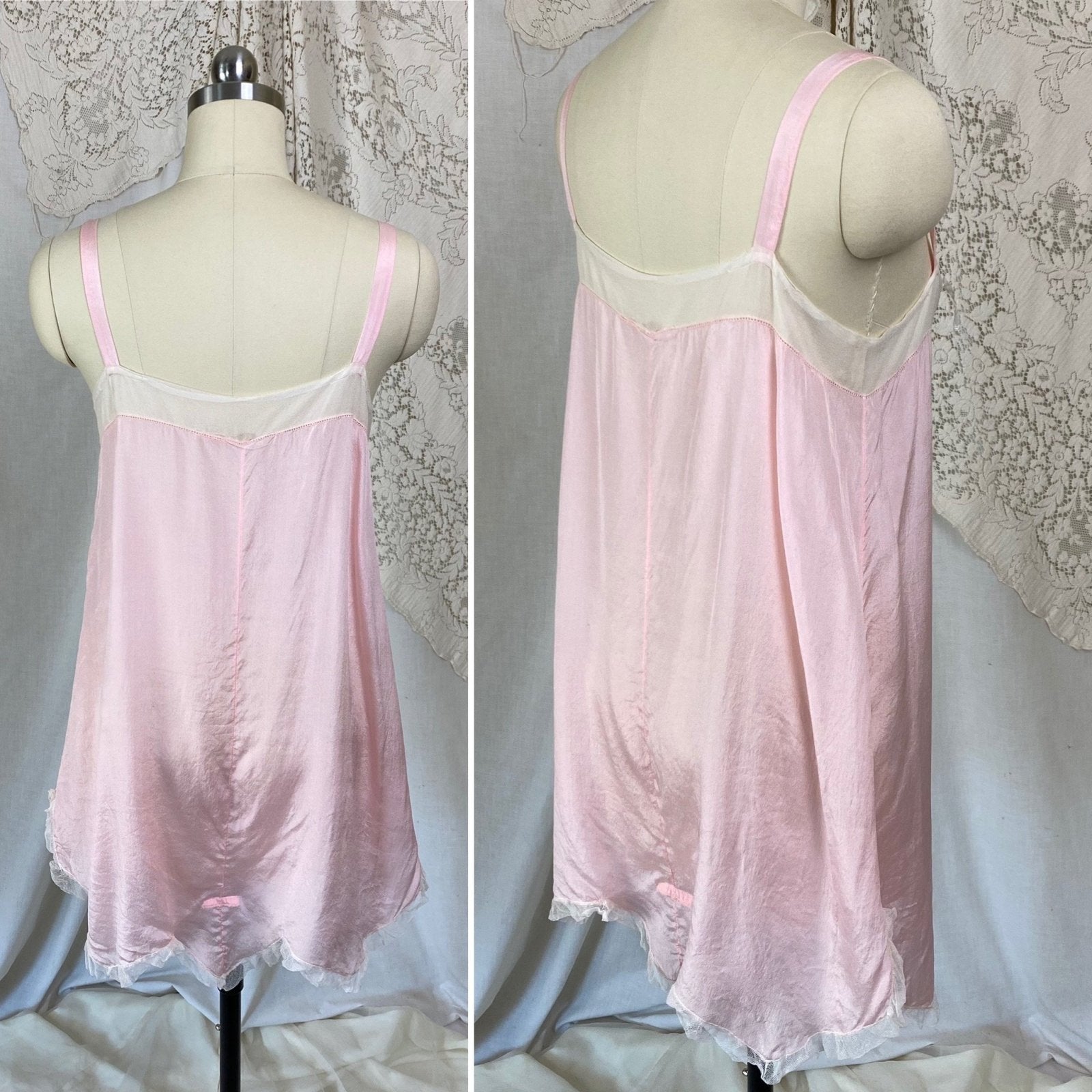 Antique 1920's Step-in Chemise | Pale Petal Pink Silk with White Chiffon & Lace | Size S, M | Burtex, Never Worn - Daggers & Dames