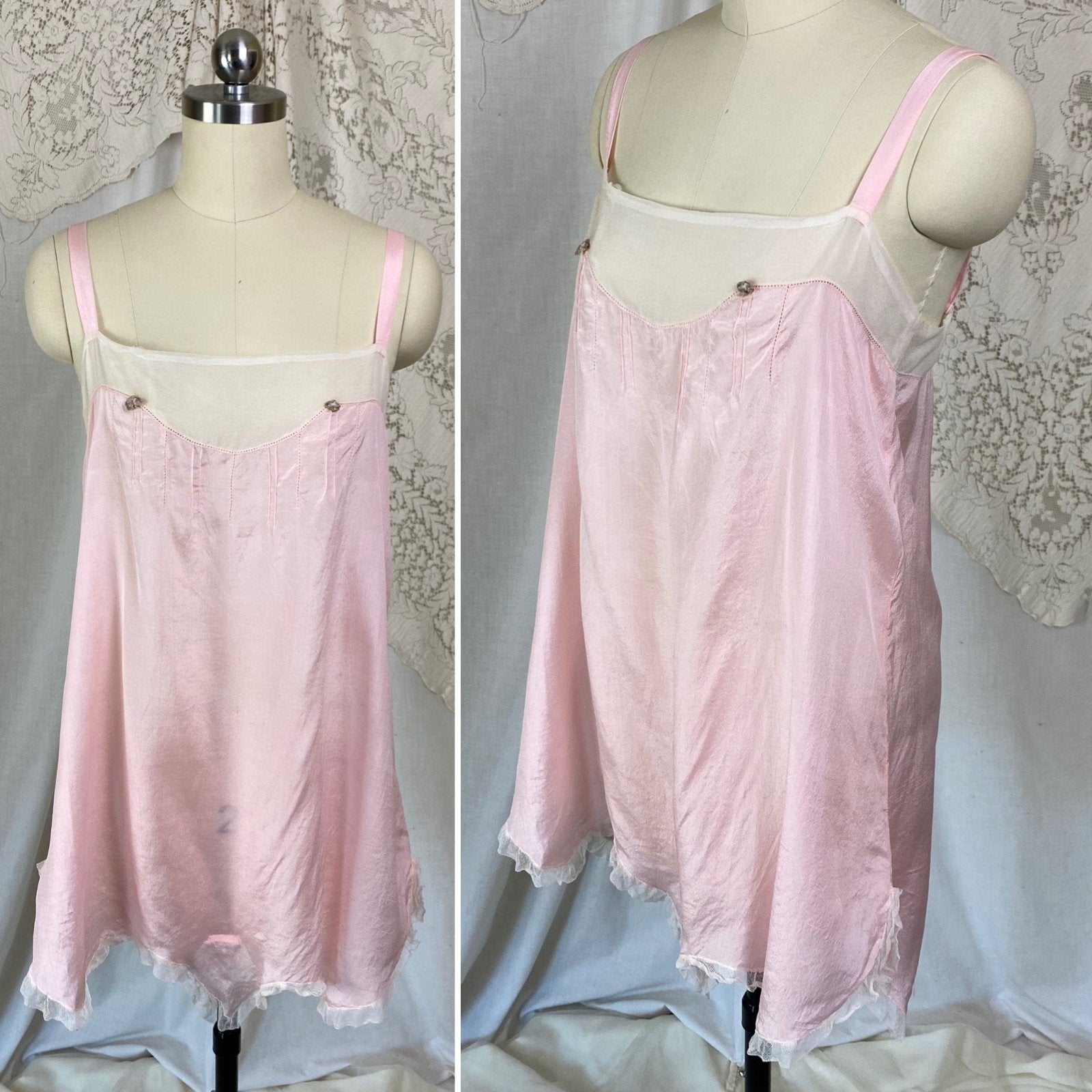 Antique 1920's Step-in Chemise | Pale Petal Pink Silk with White Chiffon & Lace | Size S, M | Burtex, Never Worn - Daggers & Dames