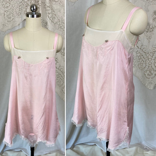 Antique 1920's Step-in Chemise | Pale Petal Pink Silk with White Chiffon & Lace | Size S, M | Burtex, Never Worn - Daggers & Dames