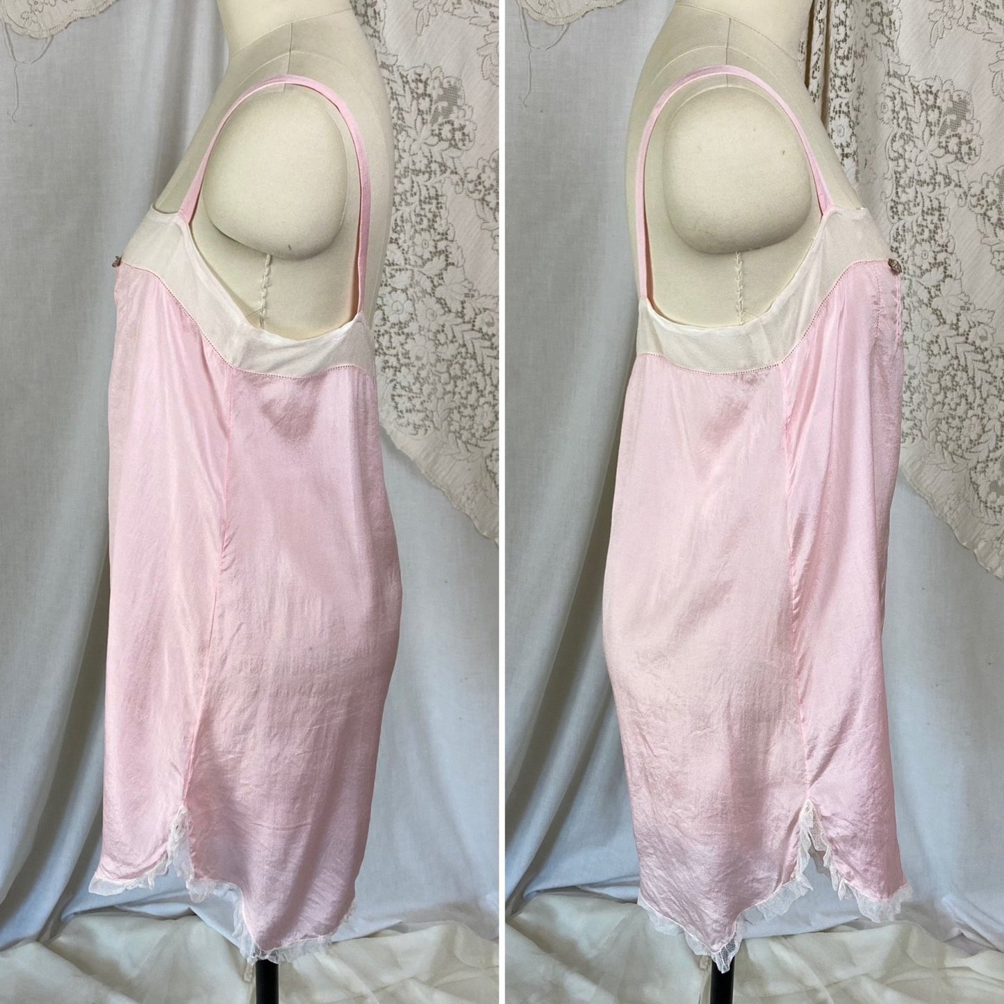 Antique 1920's Step-in Chemise | Pale Petal Pink Silk with White Chiffon & Lace | Size S, M | Burtex, Never Worn - Daggers & Dames