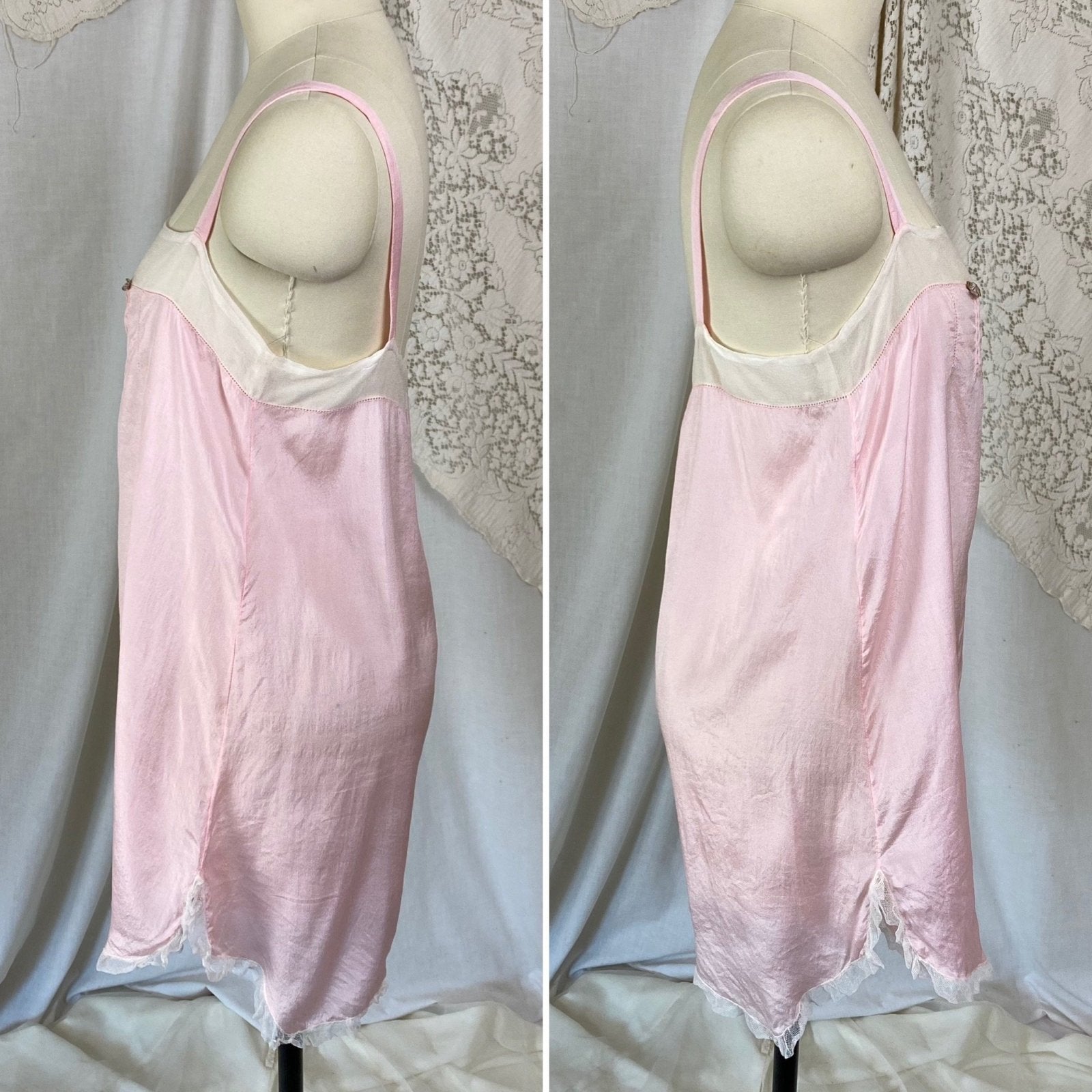 Antique 1920's Step-in Chemise | Pale Petal Pink Silk with White Chiffon & Lace | Size S, M | Burtex, Never Worn - Daggers & Dames
