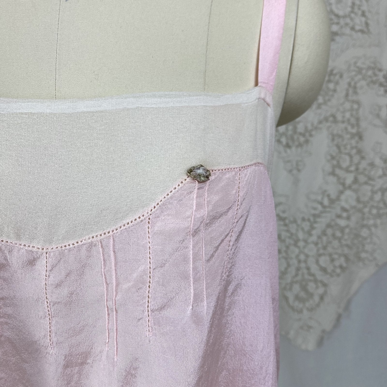 Antique 1920's Step-in Chemise | Pale Petal Pink Silk with White Chiffon & Lace | Size S, M | Burtex, Never Worn - Daggers & Dames